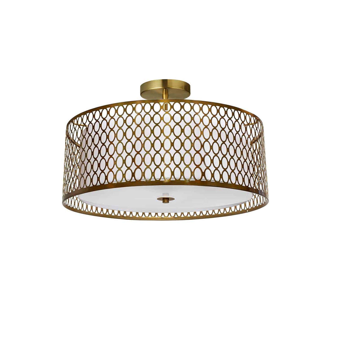 Dainolite 3 Light Aged Brass Semi-Flush Mount with White Shade and Laser Cut Outer