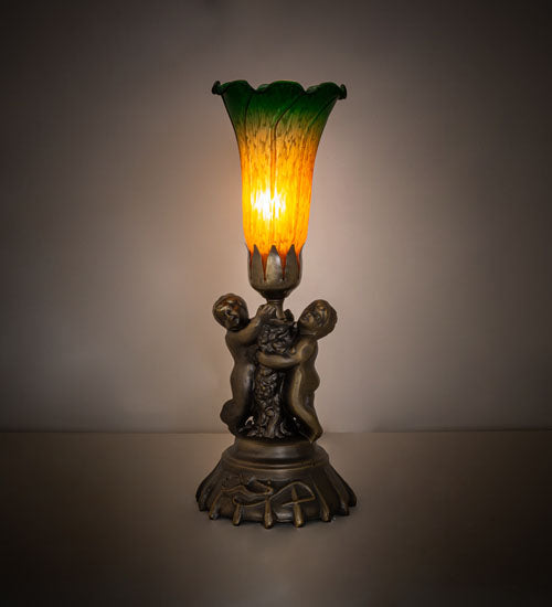 13" High Amber/Green Tiffany Pond Lily Twin Cherub Accent Lamp