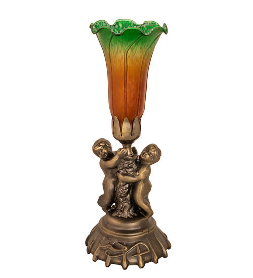 13" High Amber/Green Tiffany Pond Lily Twin Cherub Accent Lamp