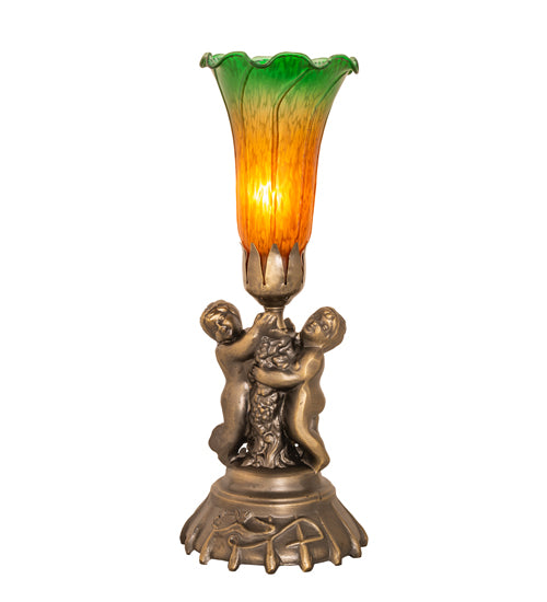 13" High Amber/Green Tiffany Pond Lily Twin Cherub Accent Lamp