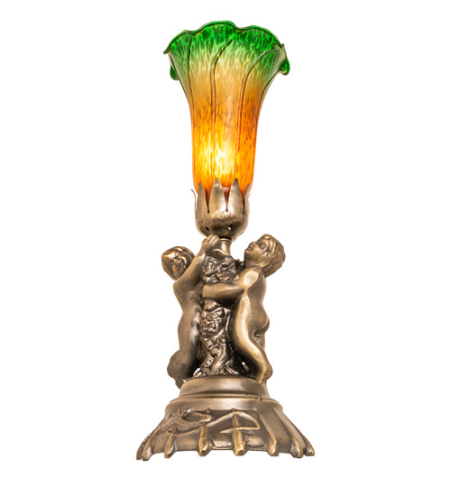 13" High Amber/Green Tiffany Pond Lily Twin Cherub Accent Lamp