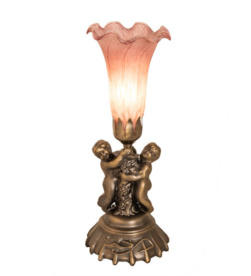 13" High Pink Tiffany Pond Lily Twin Cherub Accent Lamp