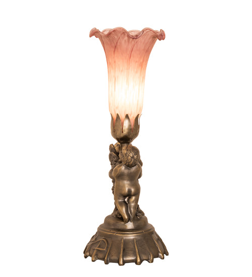 13" High Pink Tiffany Pond Lily Twin Cherub Accent Lamp