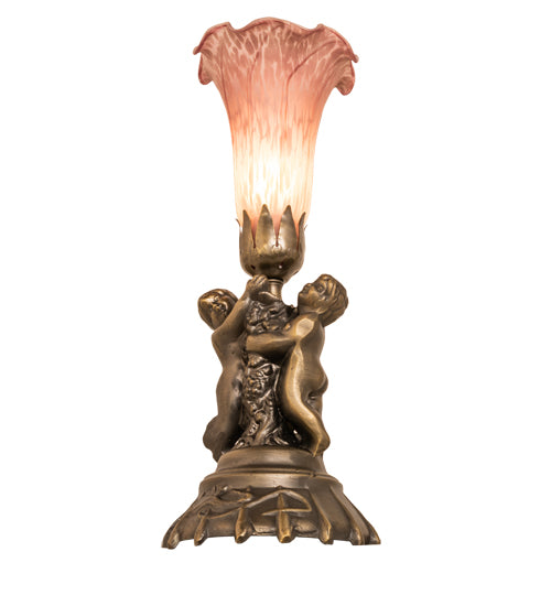 13" High Pink Tiffany Pond Lily Twin Cherub Accent Lamp