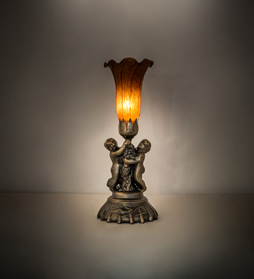 13" High Amber Tiffany Pond Lily Twin Cherub Accent Lamp