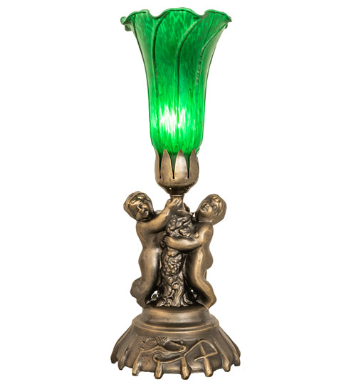 13" High Green Tiffany Pond Lily Twin Cherub Accent Lamp