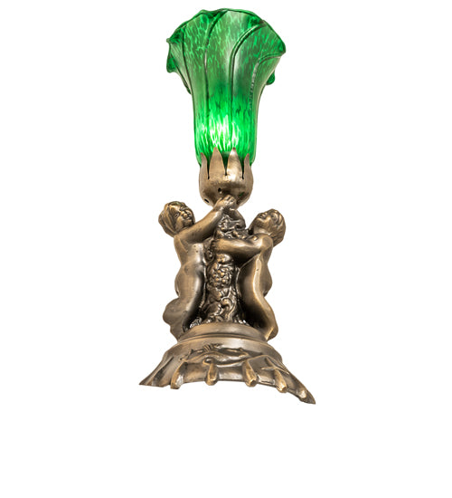 13" High Green Tiffany Pond Lily Twin Cherub Accent Lamp