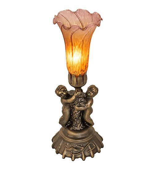 13" High Amber/Purple Tiffany Pond Lily Twin Cherub Accent Lamp