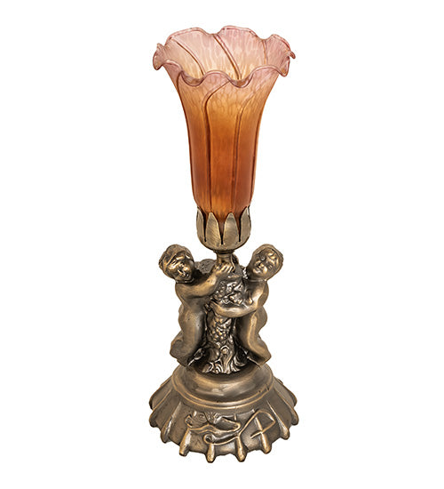 13" High Amber/Purple Tiffany Pond Lily Twin Cherub Accent Lamp