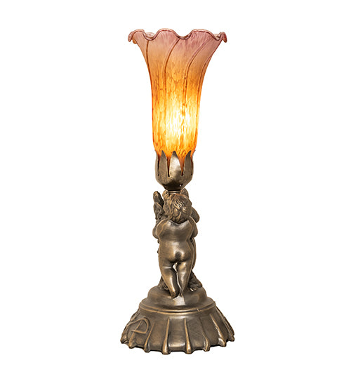 13" High Amber/Purple Tiffany Pond Lily Twin Cherub Accent Lamp