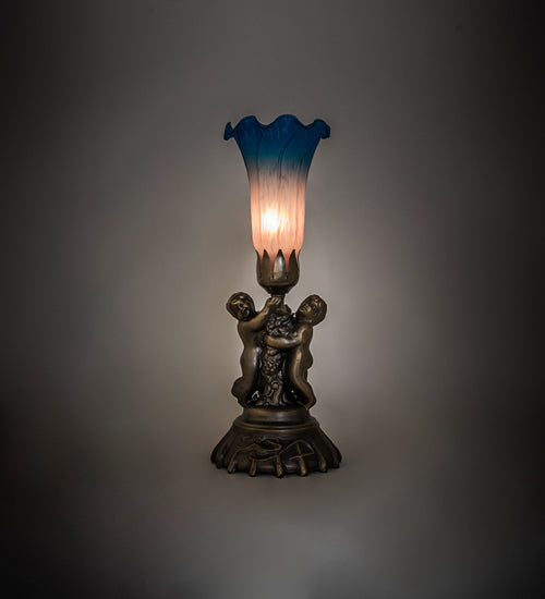 13" High Pink/Blue Tiffany Pond Lily Twin Cherub Accent Lamp