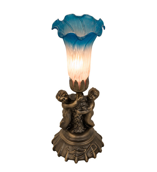 13" High Pink/Blue Tiffany Pond Lily Twin Cherub Accent Lamp