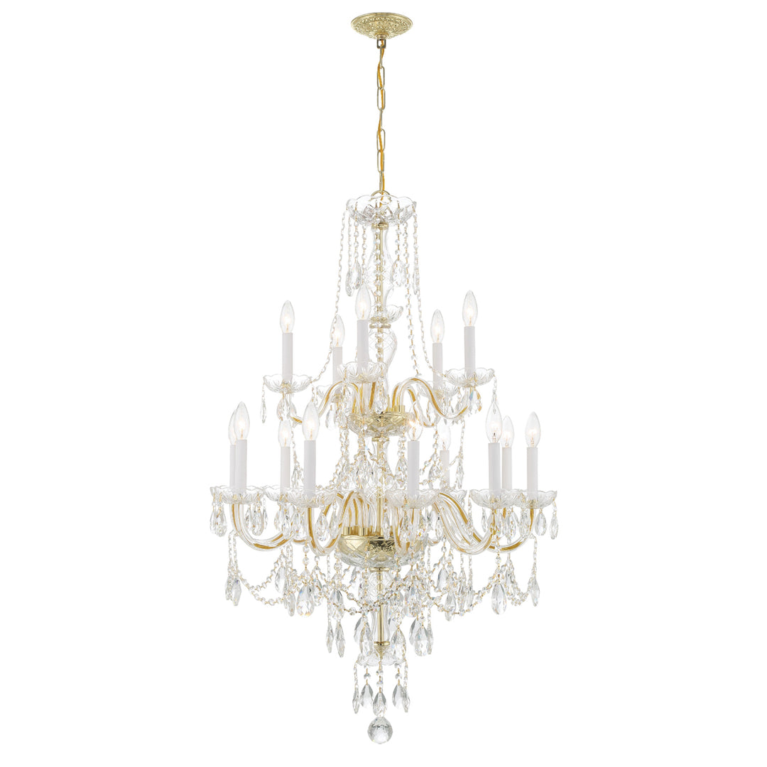 Traditional Crystal 15 Light Hand Cut Crystal Polished Brass Chandelier