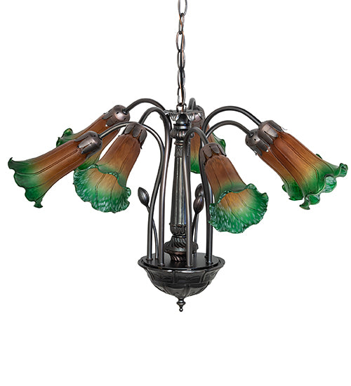 24" Wide Amber/Green Pond Lily Tiffany Pond Lily 7 Lt Chandelier