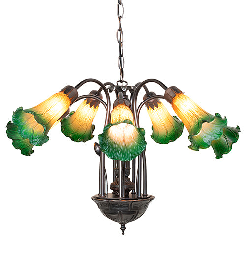 24" Wide Amber/Green Pond Lily Tiffany Pond Lily 7 Lt Chandelier