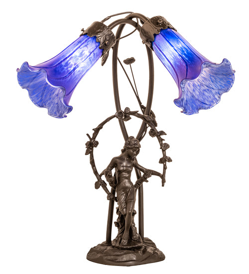 17" High Blue Tiffany Pond Lily 2 Light Trellis Girl Accent Lamp