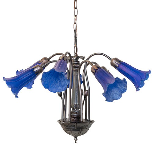 24" Wide Blue Tiffany Pond Lily 7 Lt Chandelier