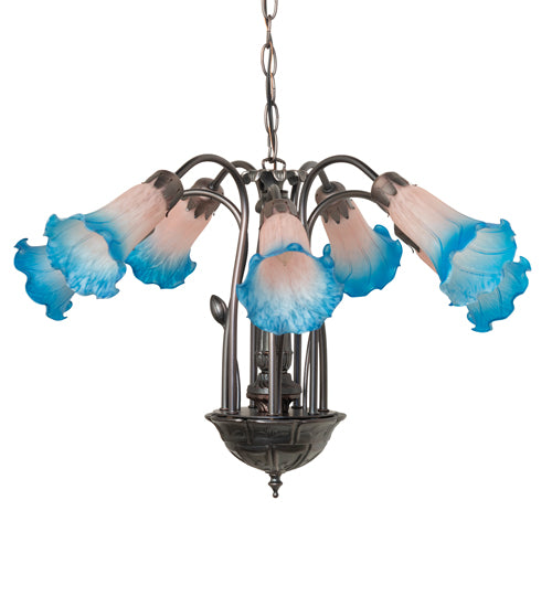 24" Wide Pink/Blue Tiffany Pond Lily 7 Lt Chandelier