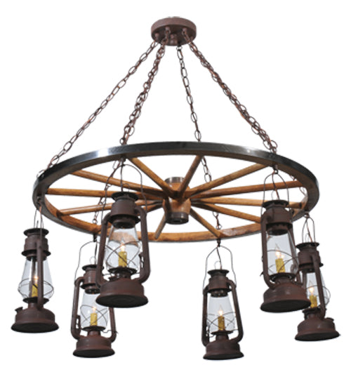 40"W Miners Lantern 6 Lt Wagon Wheel Chandelier