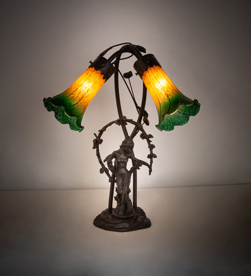 17" High Amber/Green Tiffany Pond Lily 2 Light Trellis Girl Accent Lamp