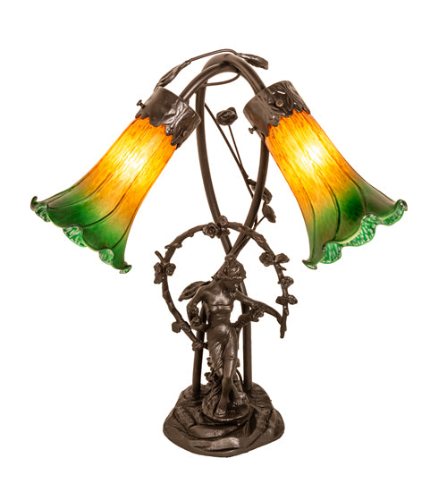 17" High Amber/Green Tiffany Pond Lily 2 Light Trellis Girl Accent Lamp