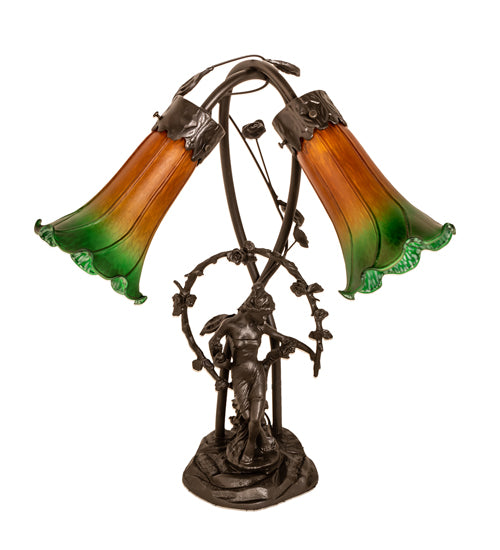 17" High Amber/Green Tiffany Pond Lily 2 Light Trellis Girl Accent Lamp