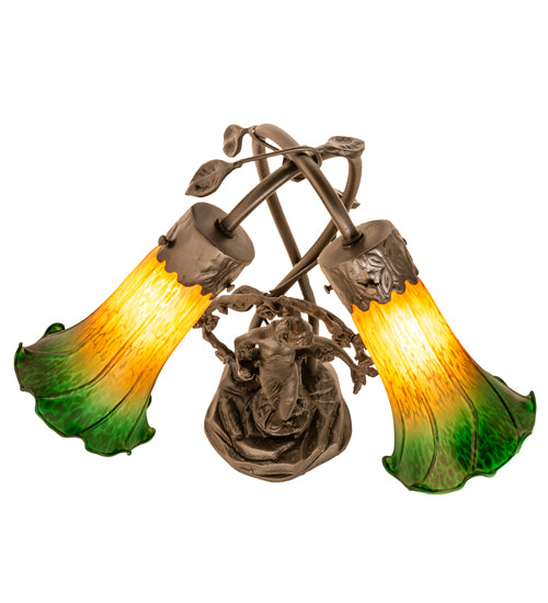 17" High Amber/Green Tiffany Pond Lily 2 Light Trellis Girl Accent Lamp