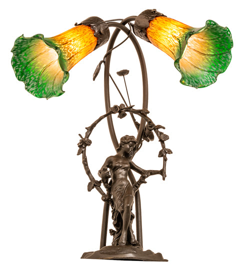 17" High Amber/Green Tiffany Pond Lily 2 Light Trellis Girl Accent Lamp