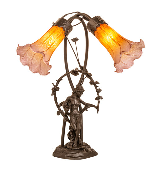 17" High Amber/Purple Tiffany Pond Lily 2 Light Trellis Girl Accent Lamp