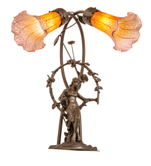 17" High Amber/Purple Tiffany Pond Lily 2 Light Trellis Girl Accent Lamp