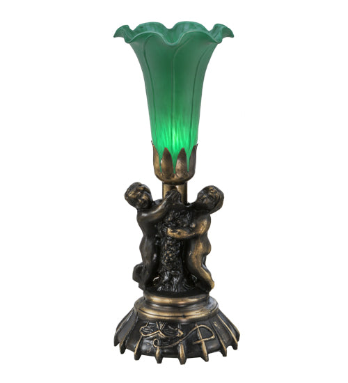 12" High Green Tiffany Pond Lily Twin Cherub Mini Lamp