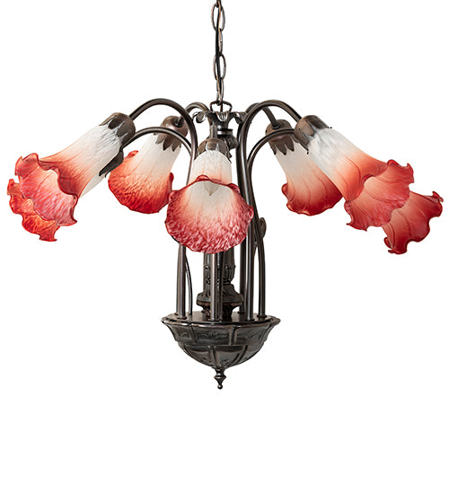 24" Wide Pink/White Tiffany Pond Lily 7 Lt Chandelier