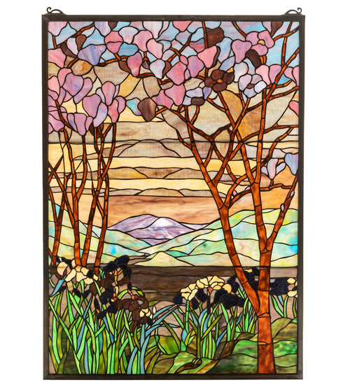 29"W X 40"H Tiffany Magnolia & Iris Stained Glass Window