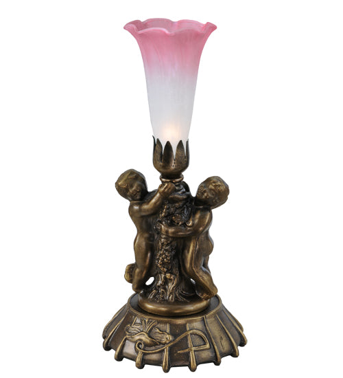 12" High Pink/White Tiffany Pond Lily Twin Cherub Mini Lamp