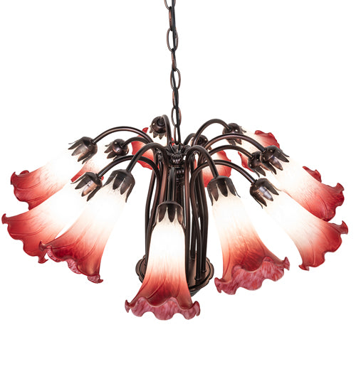 24" Wide Pink/White Tiffany Pond Lily 12 Light Chandelier