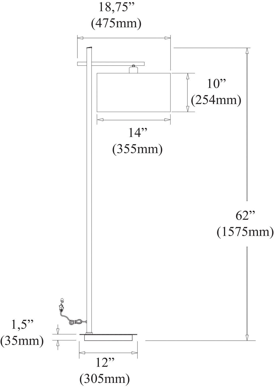 Dainolite 1 Light Floor Lamp, Satin Chrome Finish