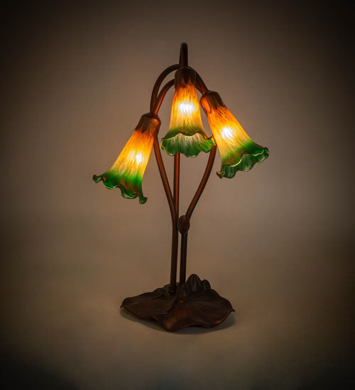 16" High Amber/Green Tiffany Pond Lily 3 Lt Accent Lamp