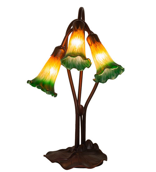 16" High Amber/Green Tiffany Pond Lily 3 Lt Accent Lamp