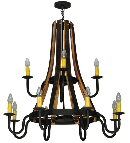 44"W Barrel Stave Madera 12 Lt Two Tier Chandelier