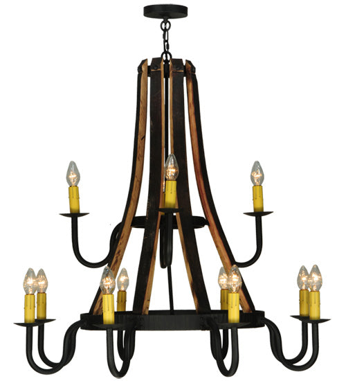 44"W Barrel Stave Madera 12 Lt Two Tier Chandelier