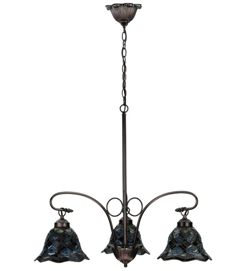 30"W Tiffany Peacock Feather 3 Lt Chandelier