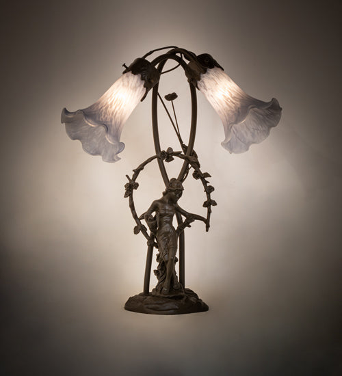 17" High Gray Tiffany Pond Lily 2 Light Trellis Girl Accent Lamp