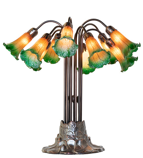 24" High Amber/Green Tiffany Pond Lily 10 Lt Table Lamp