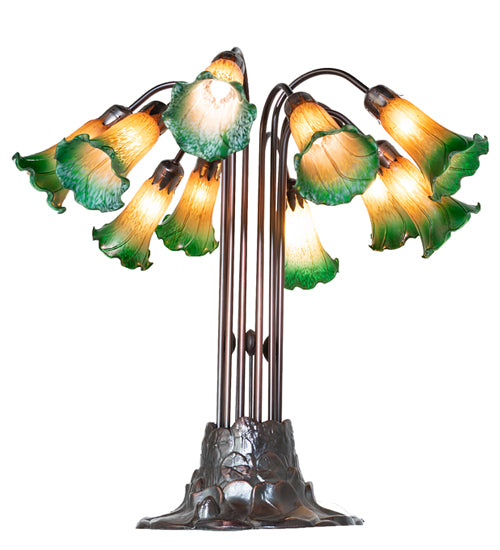 24" High Amber/Green Tiffany Pond Lily 10 Lt Table Lamp