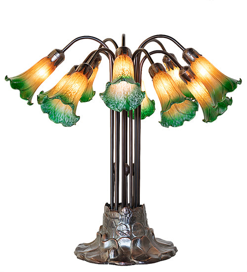 24" High Amber/Green Tiffany Pond Lily 10 Lt Table Lamp