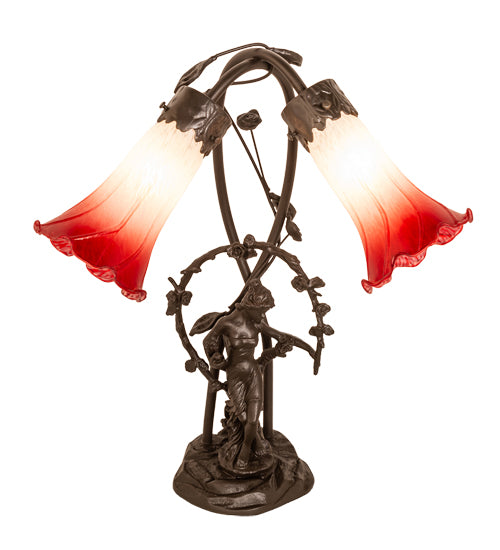 17" High Red/White Tiffany Pond Lily 2 Light Trellis Girl Accent Lamp