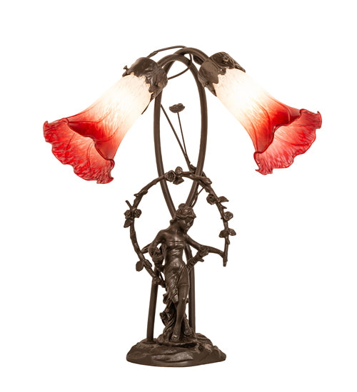 17" High Red/White Tiffany Pond Lily 2 Light Trellis Girl Accent Lamp