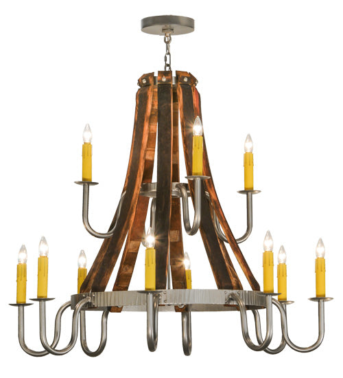 44"W Barrel Stave Madera 12 Lt Two Tier Chandelier