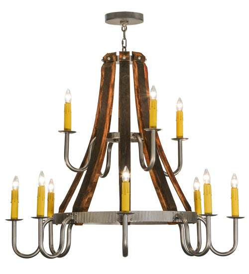 44"W Barrel Stave Madera 12 Lt Two Tier Chandelier