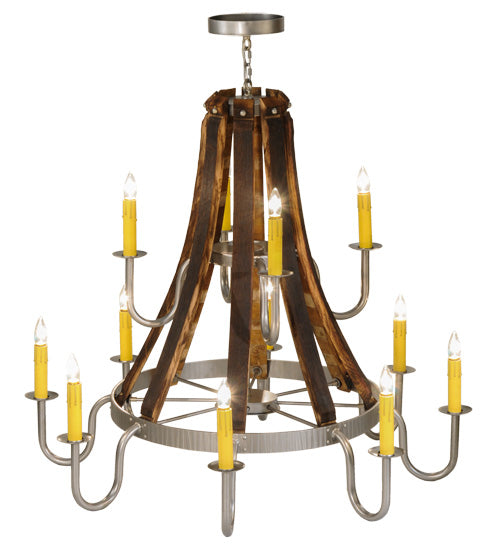 44"W Barrel Stave Madera 12 Lt Two Tier Chandelier